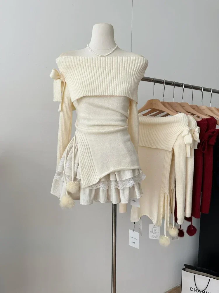 Autumn Winter Solid Sexy Women Skirt Set Korean Fashion Slash Neck Vintage Elegant Bow Sweater A-line Cake Skirts Two-Piece Sets