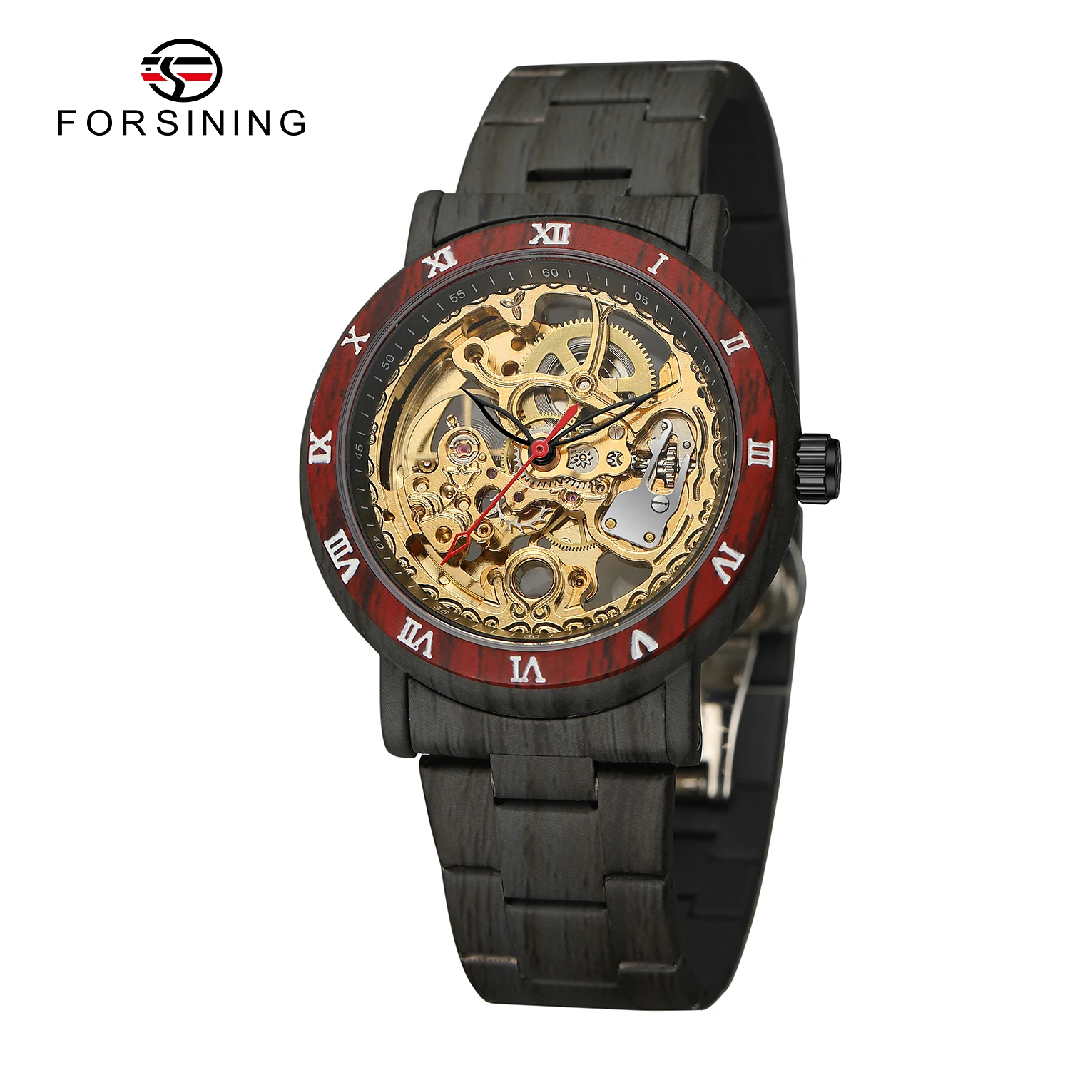 Forsining Design Skeleton Wristwatches Imitation Wood Grain Stainless Steel Strip Automatic Watches for Men Transparent Watch