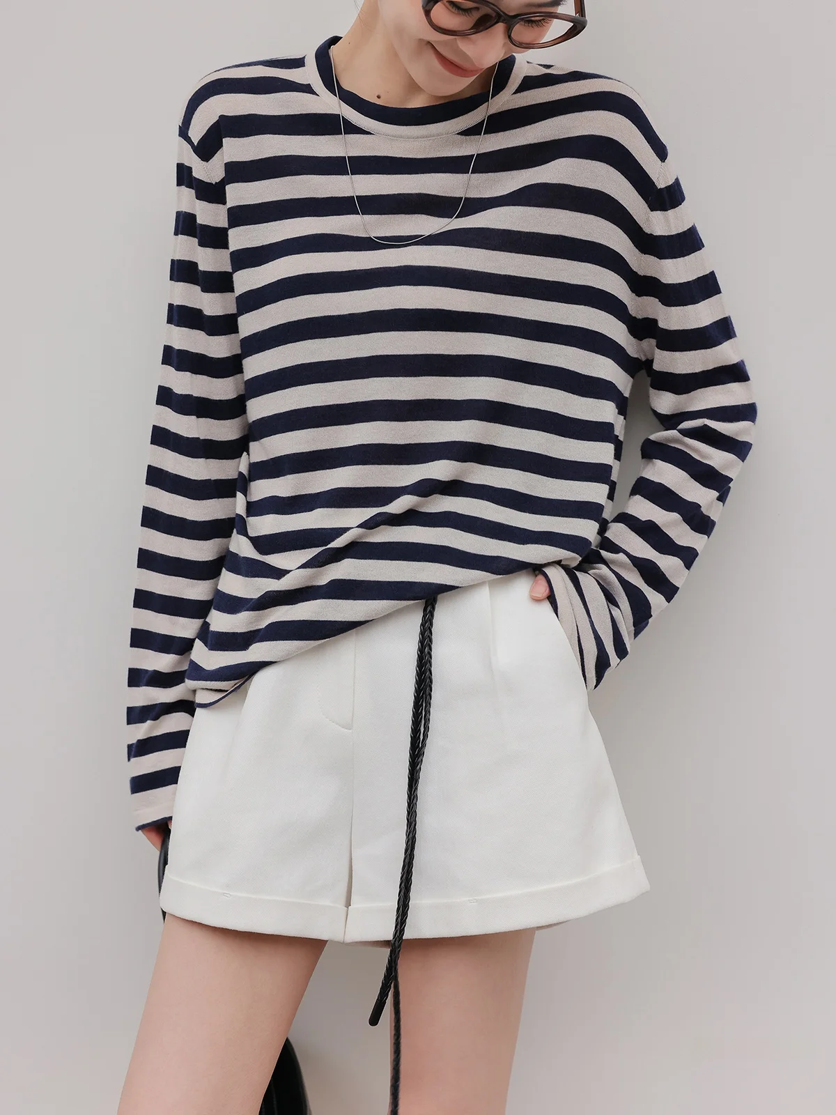 

JWUNIQUE Women's Knitted Loose Long Sleeve round Neck T-shirt Retro Striped Spring Autumn New Style Comfortable Breathable