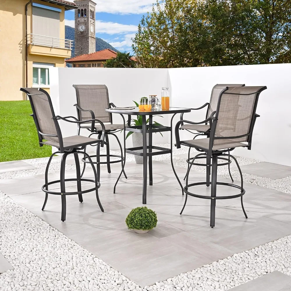 5 Piece Patio Dining Set Tesling Swivel Chairs with Glass Square Table Outdoor Furniture Bistro Rotating Stools for Poolside