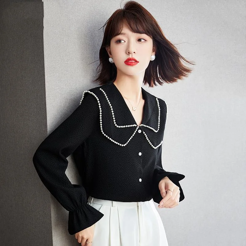 Doll Collar Black Shirt Women 2024 Spring New Long Sleeved Covering the Stomach Westernization Sweet Unique Temperament Tops