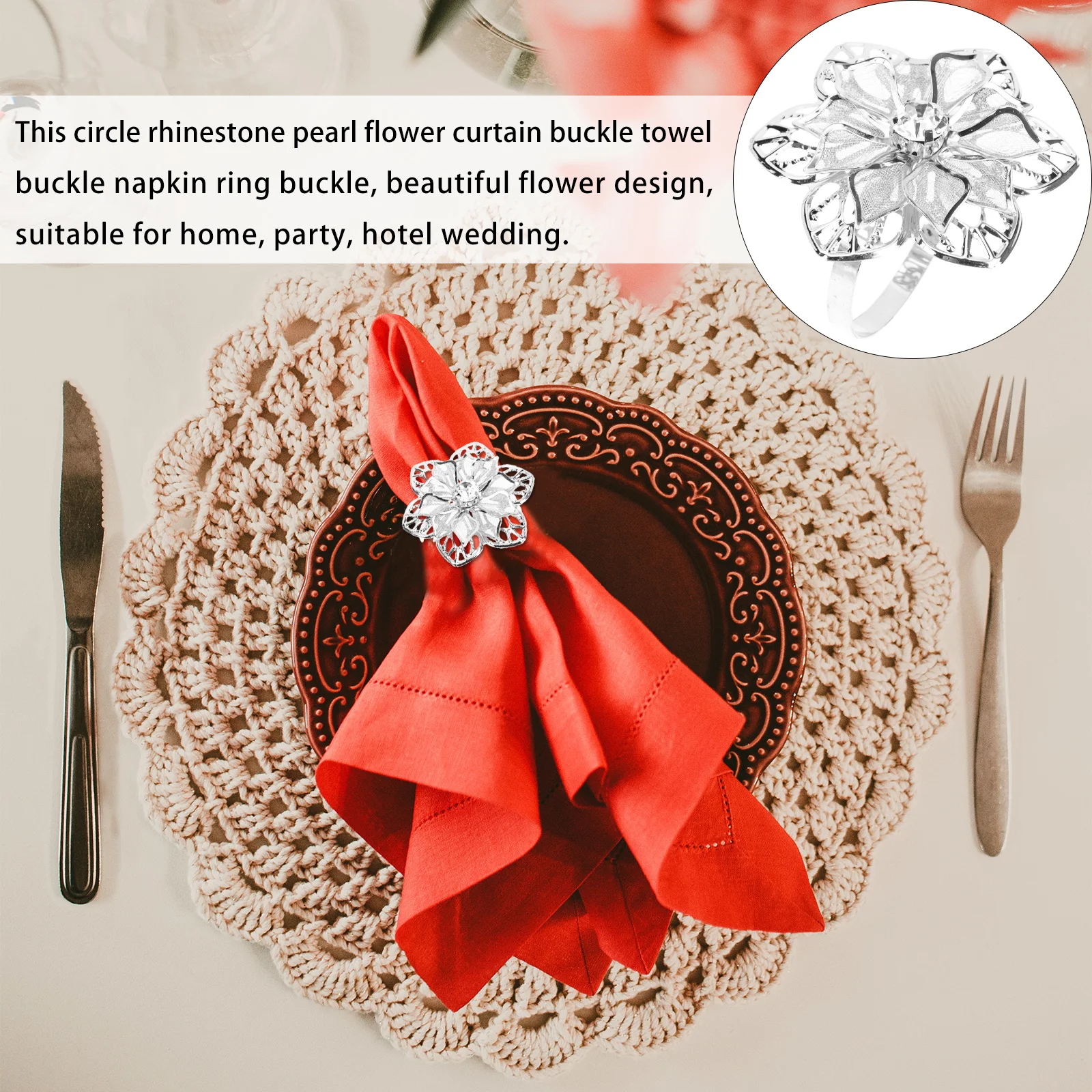 

10pcs Rhinestone Pearl Napkin Rings Hollow Flower Design Elegant Napkin Holders For Wedding Party Decor Buckles