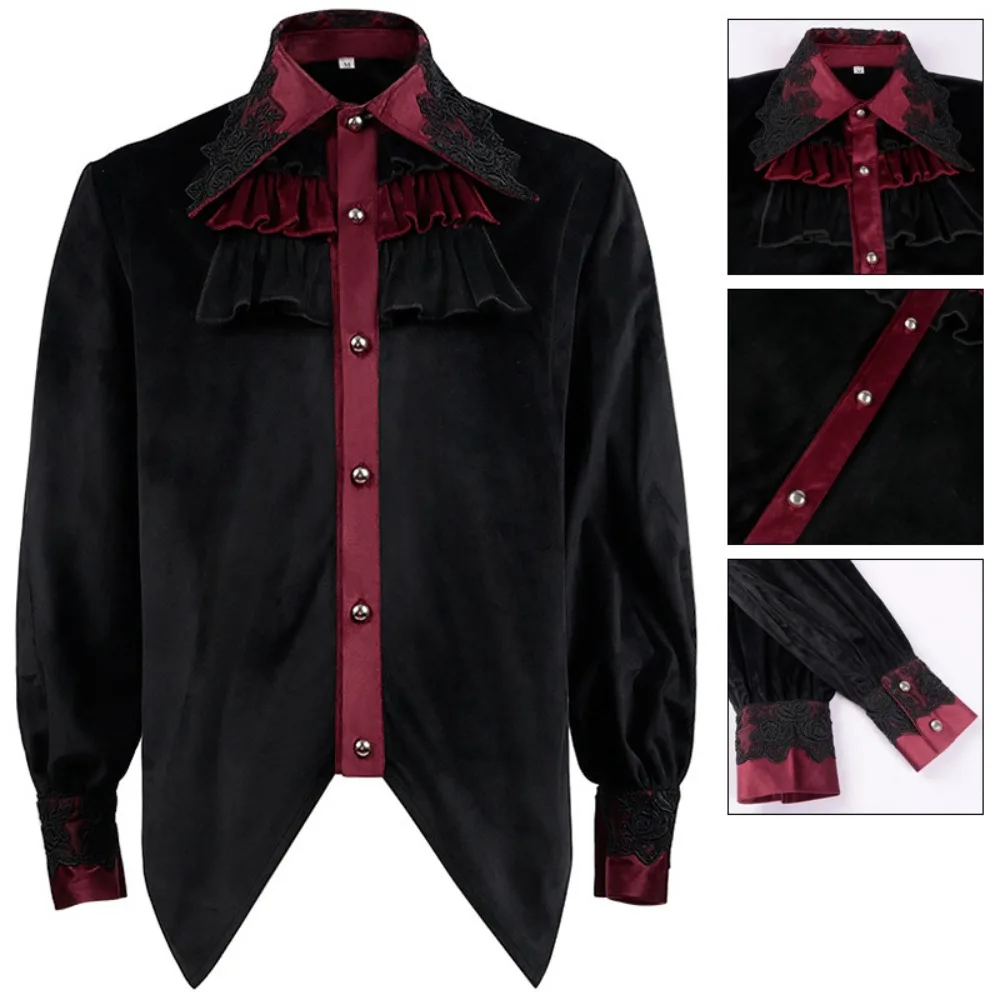 

Mens Black Ruffled Pirate Medieval Long Sleeve Shirts Vampire Renaissance Victorian Steampunk Gothic Men Halloween Costume
