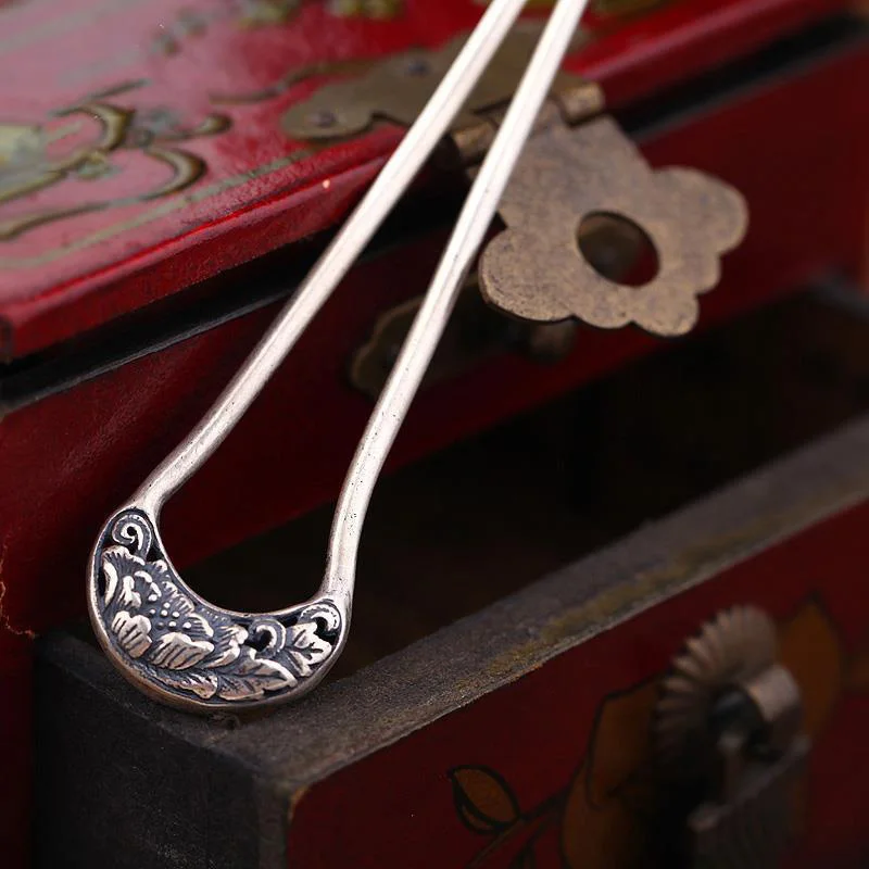 

Vintage 925 Thai silver peony hanfu hair accessory U-shaped short Hairpin everyday classical ethnic style jewelry for women