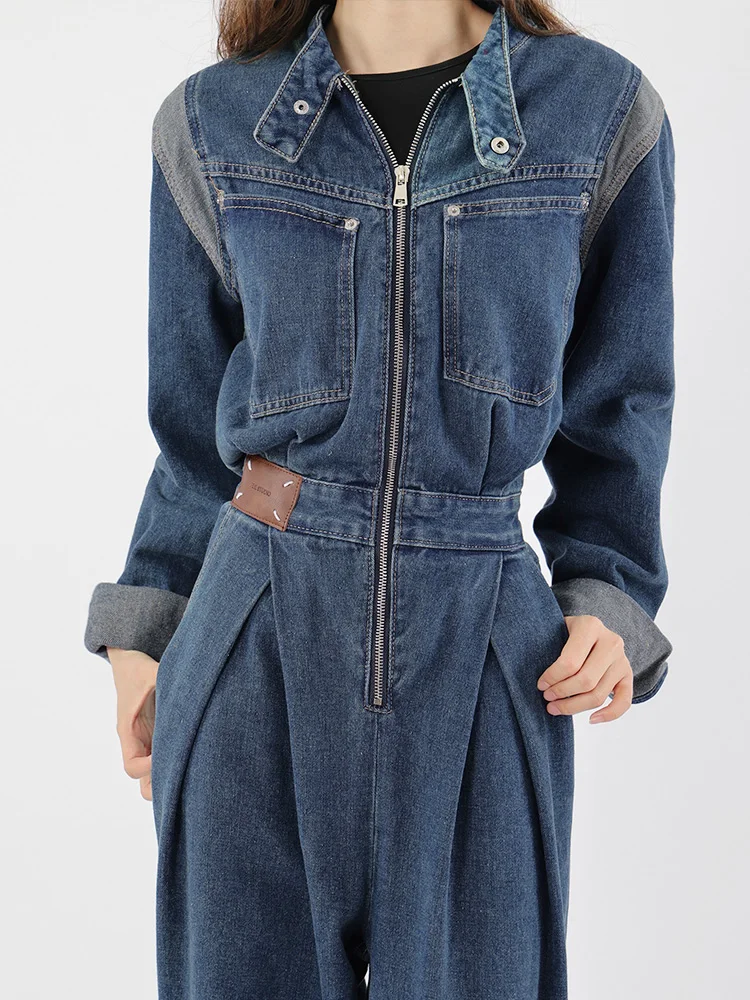 Women Vintage Patchwork Cargo Denim Jumpsuit Overalls 2024 Spring Fall Korean Streetwear Long Sleeve Romper Bodysuit Playsuits