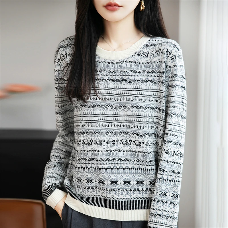 Autunno e inverno nuovo maglione di lana color block da donna moda coreana lavorato a maglia O-collo pullover allentato top da donna di vendita caldo