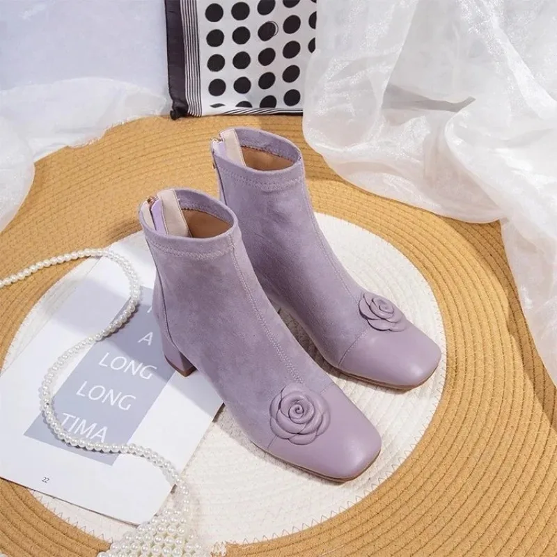 

2026New Chunky Heel Short Boots for Women, Autumn and Winter New Suede Fashion Square Toe Slim Boots
