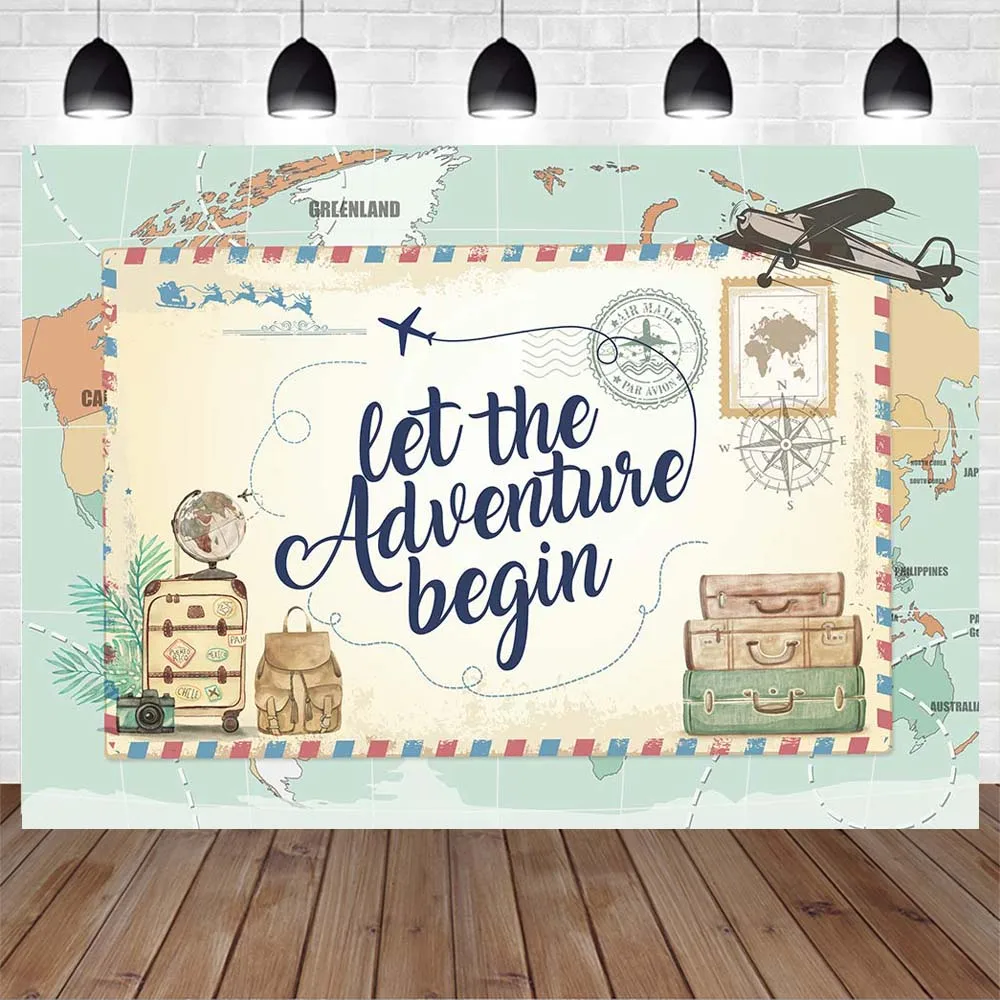 Mocsicka Let the Adventure Begin Photography Backdrops 1st Birthday Newborn Welcome Party Photo Background Map Plane Stamp Decor