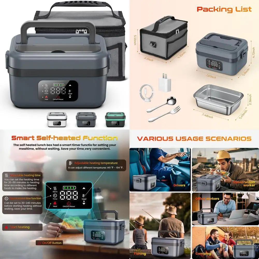 

Rechargeable Electric Heated Lunch Box, Portable Food Warmer for Adults, Men & Women, Includes Spoon and Insulated Bag