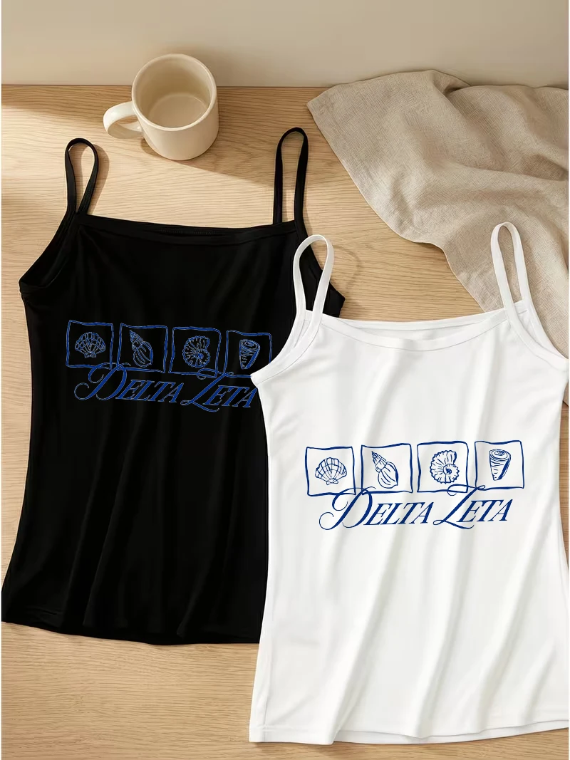 Delta Zeta Sorority Graphic Camisole Women Cute Seashell Print Tank Top White Spaghetti Strap Cami Slim Fit Coastal Aesthetic