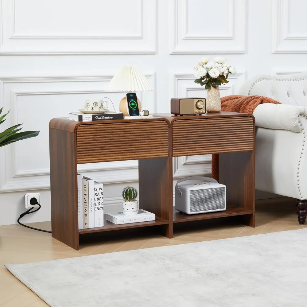 

2-piece Flute Bedside Table with Charging Station, Modern Bedside Table with Drawer Storage