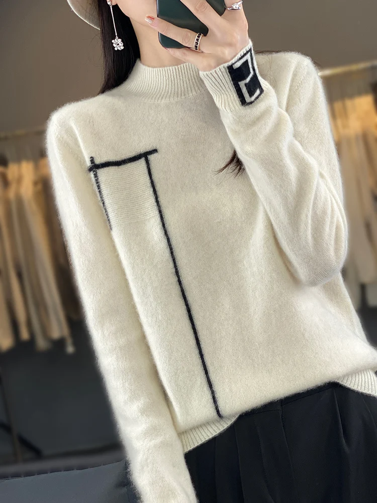 Autumn Winter Women's 100% Pure Merino Wool Sweater Mock-Neck Pullover Basis Casual Cashmere Female Elegant Clothing Tops
