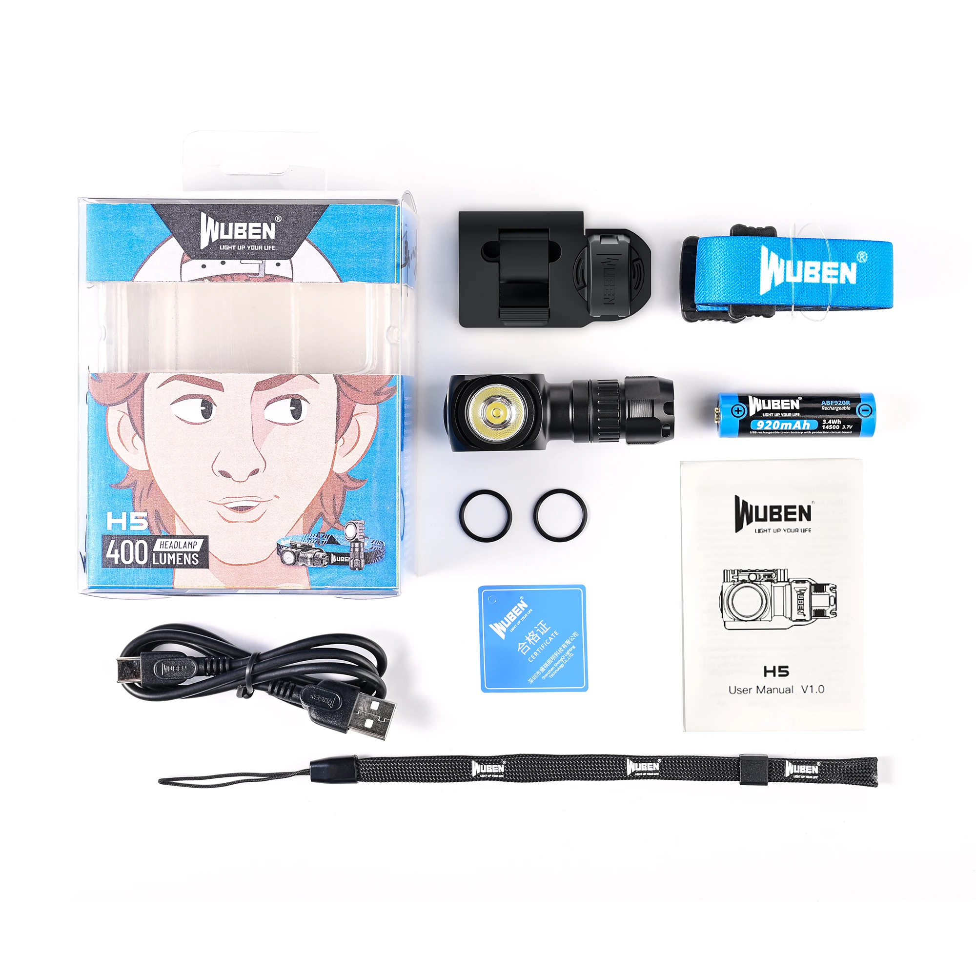 WUBEN H5 Rechargeable LED Headlamp Multifunctional Clip Flashlight 400 Lumen 360 Degree Rotating for Outdoor Camping Running