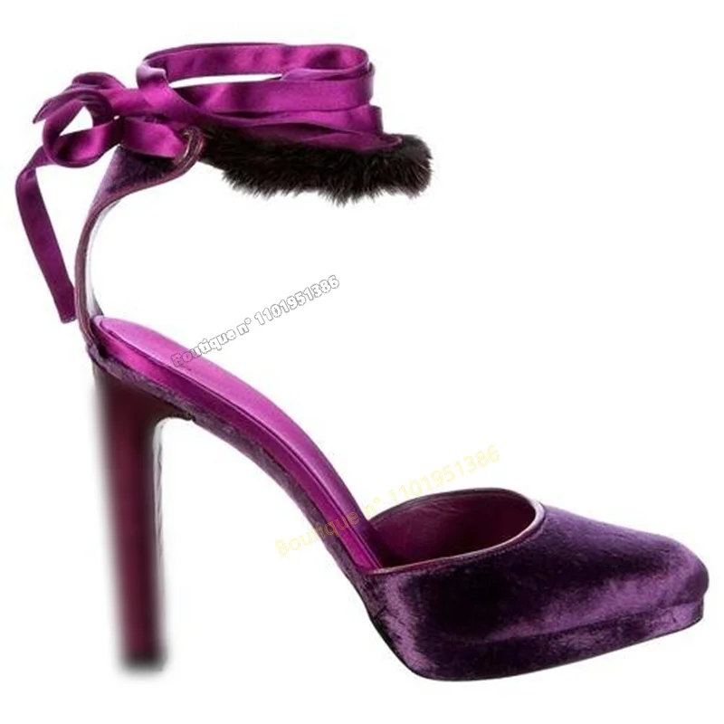 

Purple Fur Decor Velvet Pumps Ankle Strap Lace up Wedding Shoes for Women Solid Stilettos High Heels Shoes 2023 Zapatillas Mujer