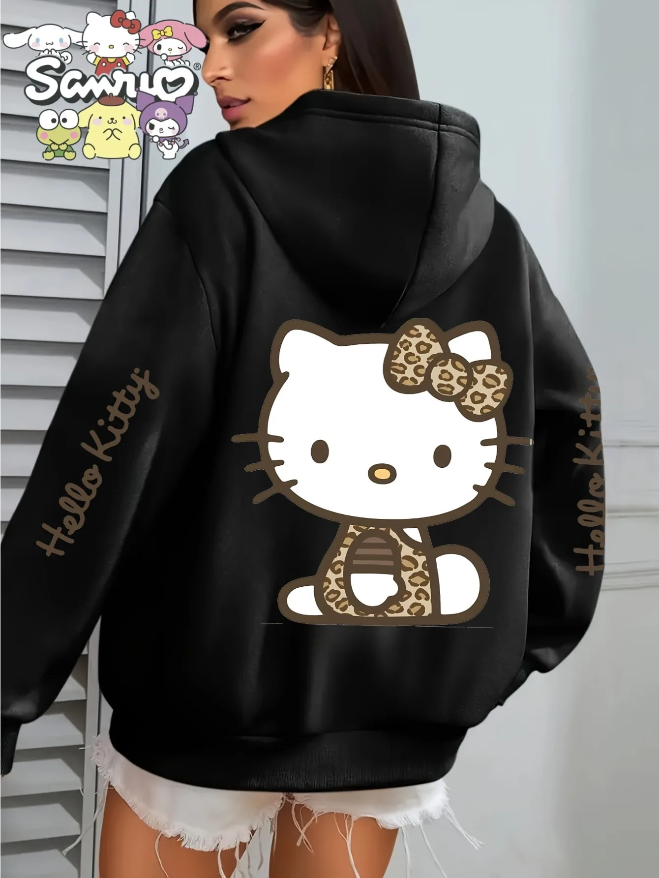 Bluza z kapturem Sanrio z nadrukiem, idealna na zimę i jesień, ze sznurkiem, w stylu casual, zabawny styl, wygodny krój, unisex.