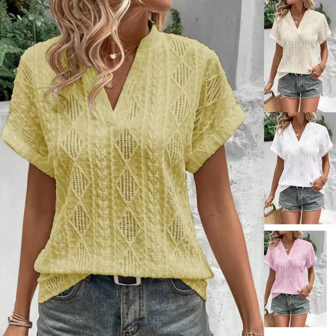 

2026 New Summer Women's Short Sleeve Shirt Hollow Out Jacquard V Neck Loose Casual Fashion Breathable Soft Daily Wear Blouse