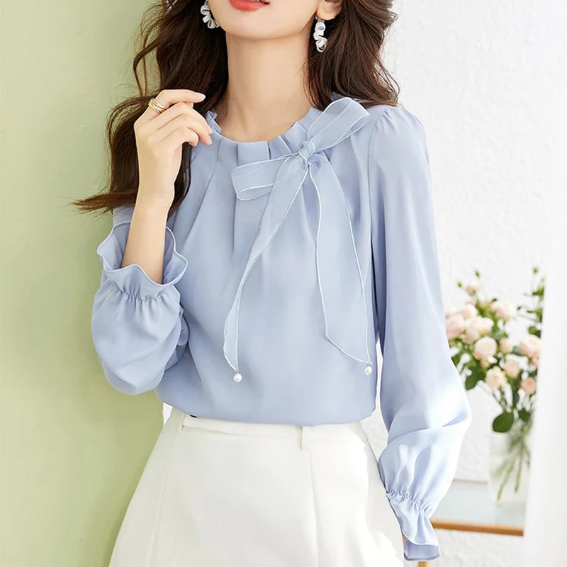 Women Chiffon Shirt Korean Solid Elegant Bow Lace Up Female Blouse Spring New Fashion Flare Long Sleeve Chic Ladies Tops