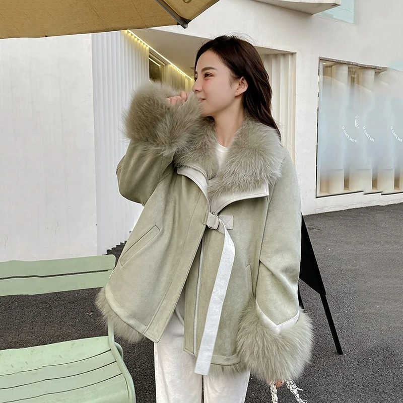 Winter Suede Splicing Imitation Fur Jacket For Women Patchwork Leather Thick Luxury Warm Coats Female Fashion New Parker Jacket