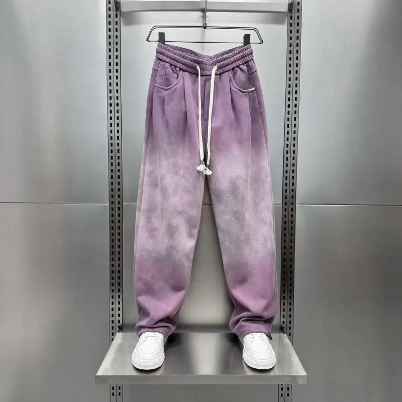 

Мужские спортивные брюки с флисовой подкладкой, градиентного цвета, свободного кроя, повседневные, модные, с широкими штанинами