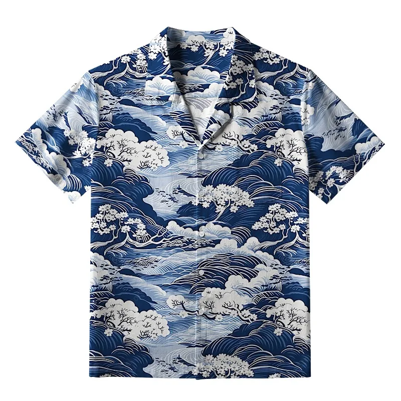 

Men's Summer Shirts 2025 New Japanese Style Wave Aloha Hawaiian Shirt Casual Loose Short Sleeve Cuban Collar Chic Holiday Tops