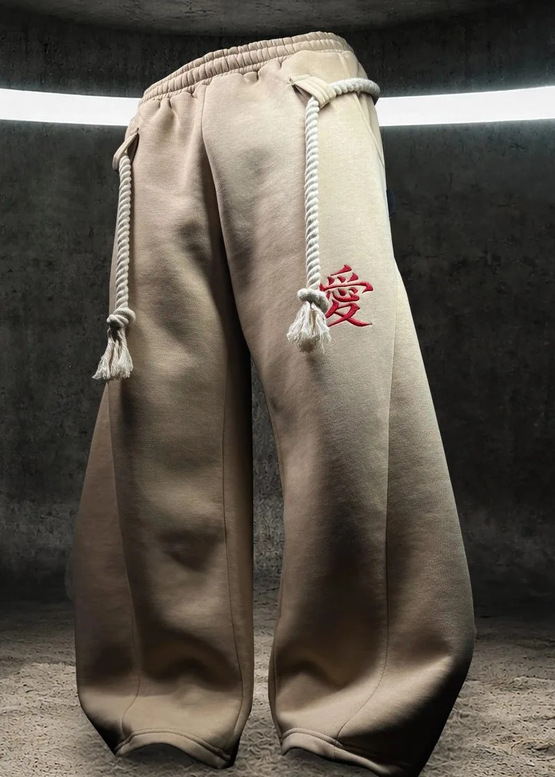 Pantalones Deportivos Holgados Estilo Y2K Harajuku para Hombre y Mujer, Retro Japonés con Bordado Kanji Love, Cordón Grueso, Pierna Ancha, Casuales