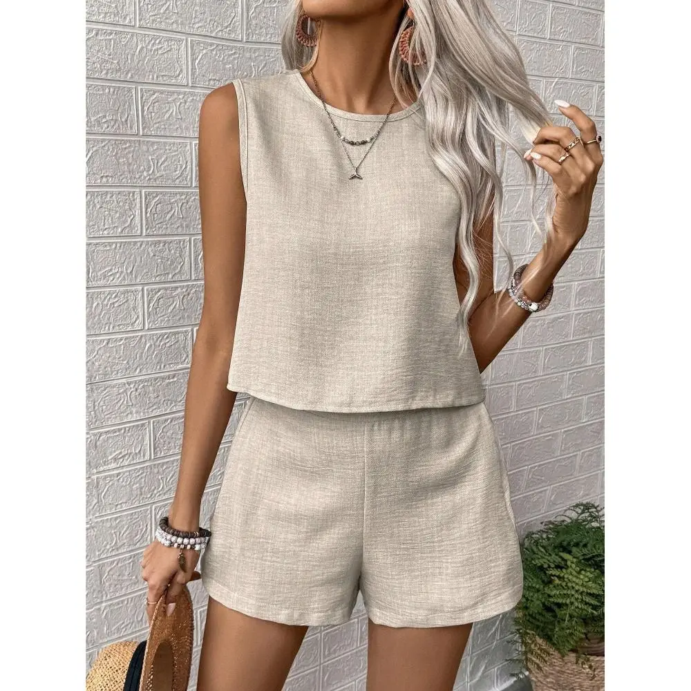 Simple Solid Color Vest Shorts Set Simple Design Multi-size Casual Outfit Set Tank Top&Shorts For Women