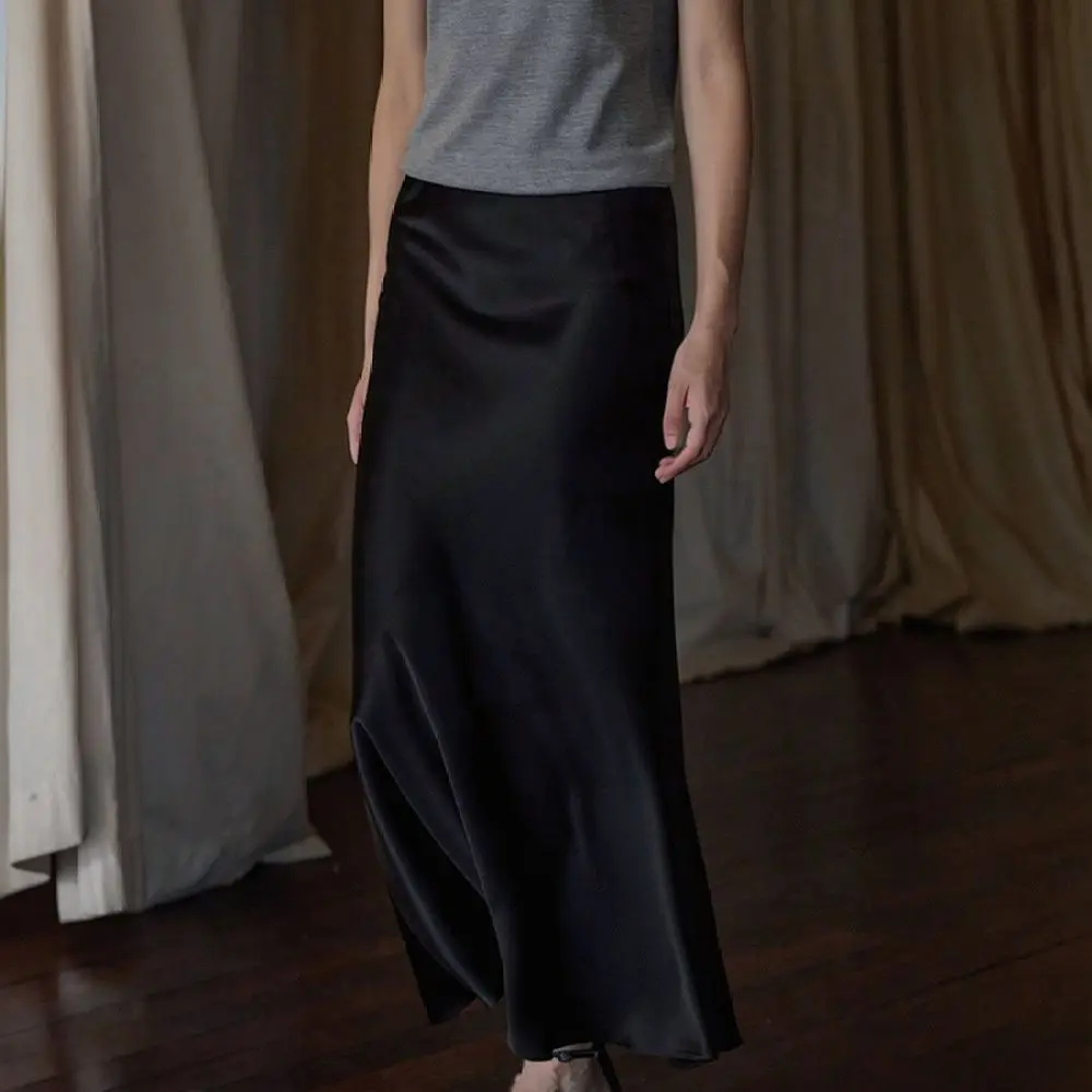 Fashionable Triacetate Satin Long Skirt Natural Drape Bias Cut Silhouette Smooth Comfortable Versatile Daily Skirt