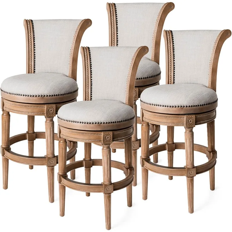 31 Inch Tall Bar Height Upholstered Barstool with Back in Weathered Oak Finish with Sand Color Fabric Cushion Seat