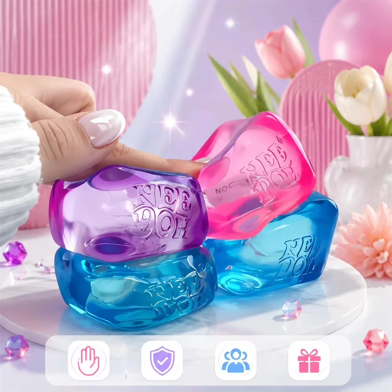Needoh Transparent Cube Squishy Fidget Toy Jelly Texture Soft Squeezy Stress Relief Toy Clear Colorful Square Sensory