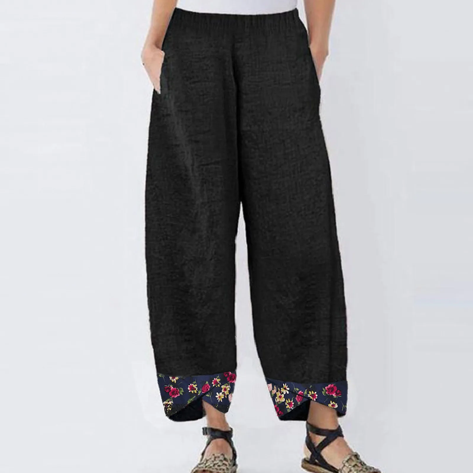 

Casual Cotton Linen Wide Leg Pants Women Loose Comfort Elastic Waist Harem Pants Vintage Floral Summer Cropped Pants Trousers