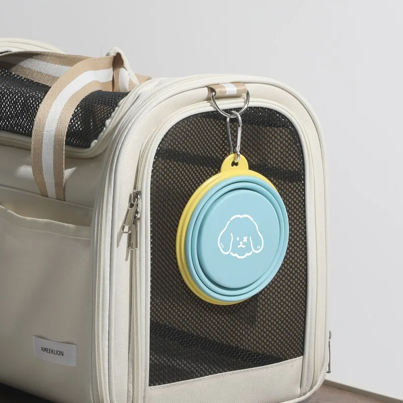 Zusammenklappbarer tragbarer Hundefutternapf aus Silikon, 2-in-1-Haustierspender, für Outdoor-Reisen, Hund, Katze, mit Karabiner, Flasche, Futter, Wasserbehälter