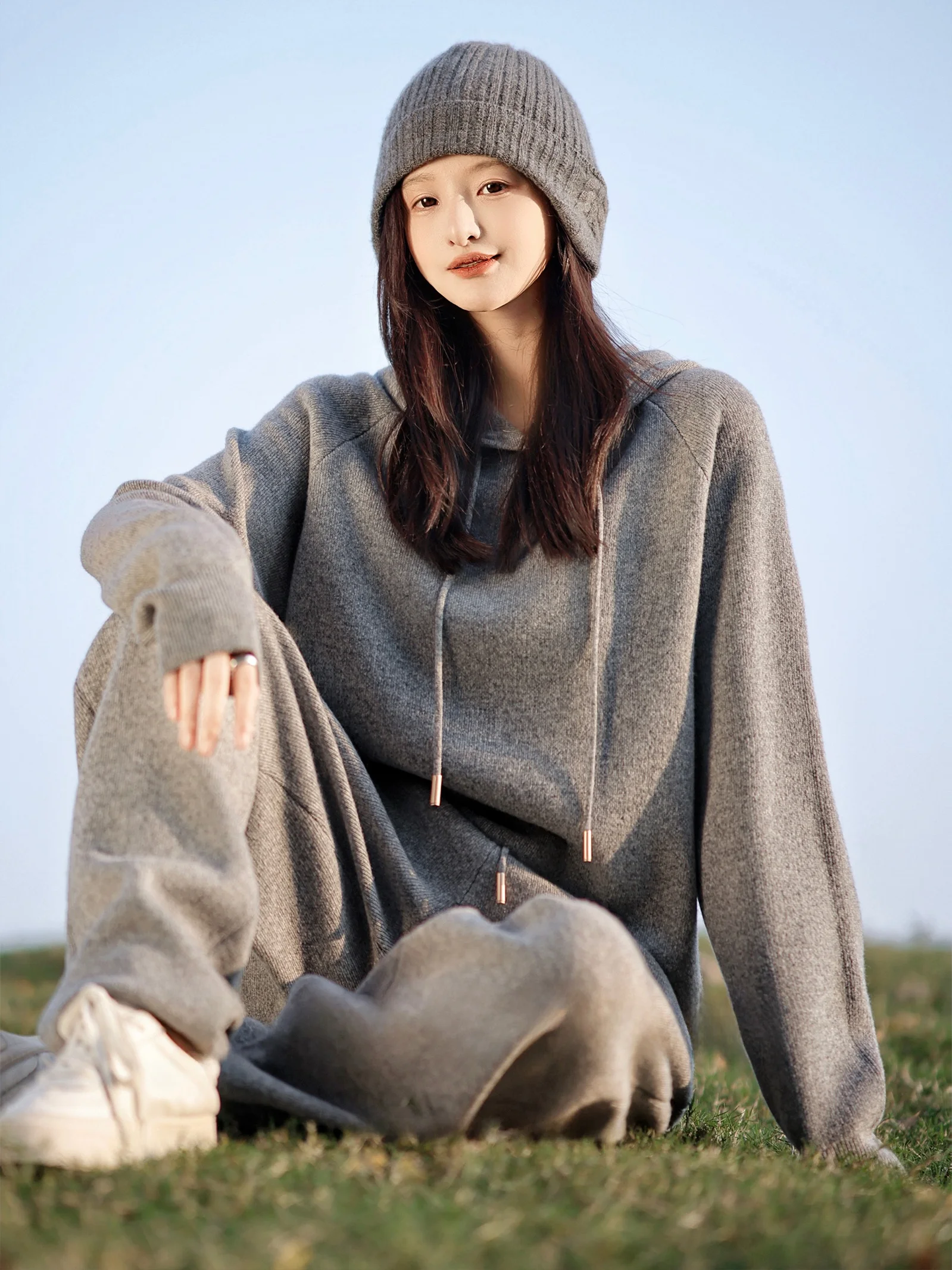 

Zhao Daxi Good Partner Knitted Set High Waist Casual Pants Woolen Hat Sweatirt Two-Piece Set Simple Commute Sle Long Sve