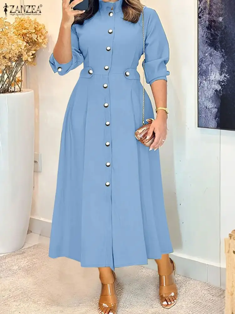 ZANZEA femmes élégantes robes mi-longues décontracté col montant à manches longues boutonné a-ligne robe longue 2025 automne femme vêtements S-3XL