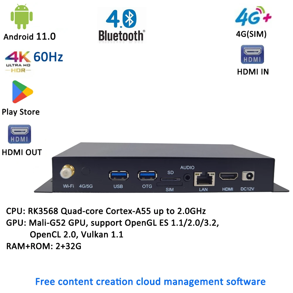 RK3568 Case 4K UHD HD-MI OUT and IN 4G Module WIFI Android 11.0 2+32G Wide Area Network CMS LCD Digital Al Signage Video Player