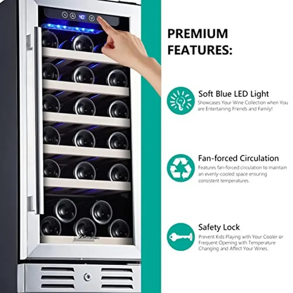 30 Bottle Wine Cooler Refrigerator Stainless Steel& Double-Layer Glass LED Control Display Temperature Memory Function 6 Wooden