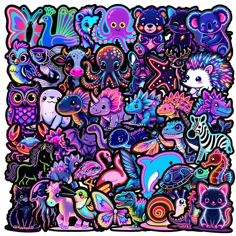 50PCS Neon Light Animal Stickers PVC Aesthetic Graffiti Motorcycle Suitcase Laptop Diary Stationery Water Cup Decals Kids Toys