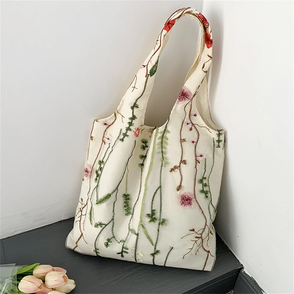 Embroider Butterfly Canvas Bags for Women Casual Plant Animal Pattern Shopper Bag Large Capacity Lace Shoulder Tote Bag bolsos