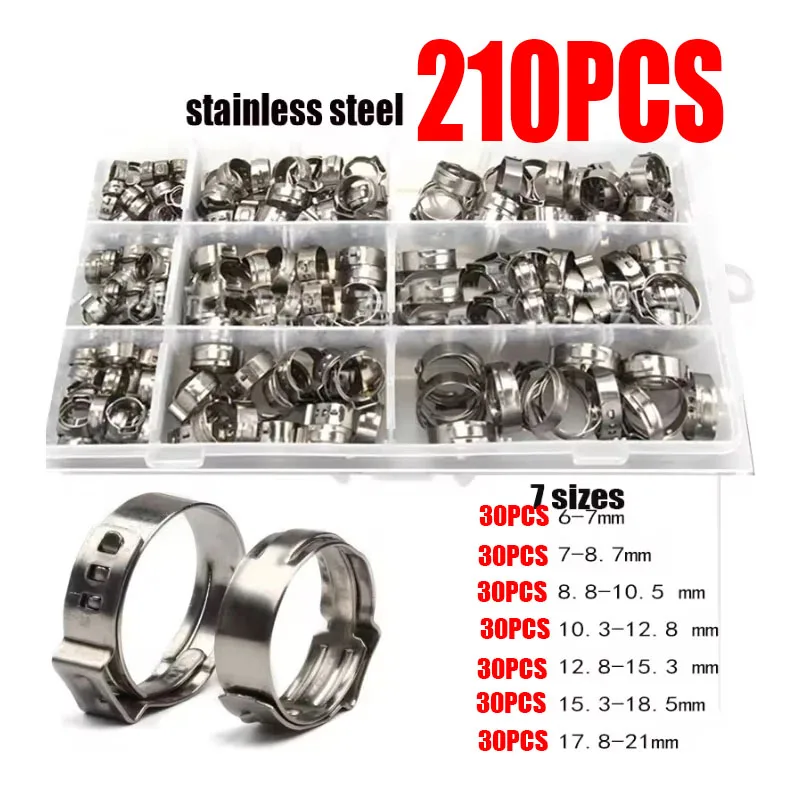 210Pcs Stainless Steel Ear Stepless Hose Clamps Kit, Worm Drive Fuel Water Pipe Clips with 1Pc Clamp Pliers for Plumbing Repair
