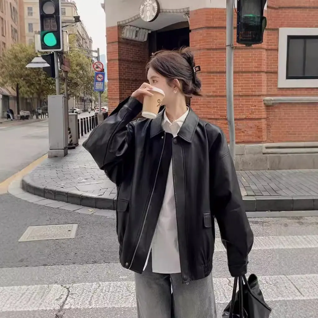 여성용 갈색 가죽 재킷 레트로 홍콩 스타일 가을 겨울 신상 플러스 벨벳 마이야르 모터사이클