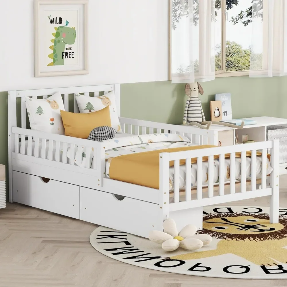 Children\'s bed.Kids Twin Bed with GuardrailsLow Platform Bed with Headboard and Footboard,White Children Bed Frame with2Drawers