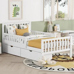 Children's bed.Kids Twin Bed with GuardrailsLow Platform Bed with Headboard and Footboard,White Children Bed Frame with2Drawers