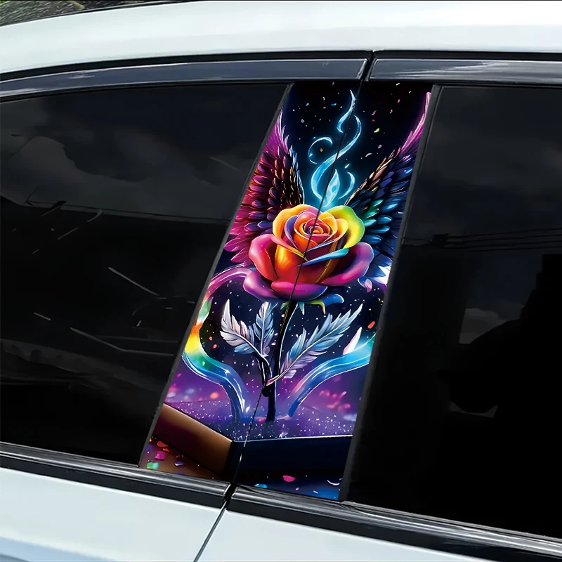 

2 pieces of car B-pillar stickers Colorful Winged Rose Vinyl protective film