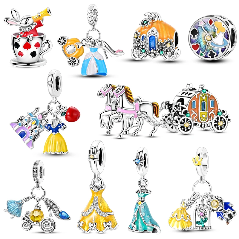 Silver 925 Charms Beads Princess Skirt Pumpkin Carriage Fairy Tale Fit Bracelet Pendant DIY For Woman Jewelry