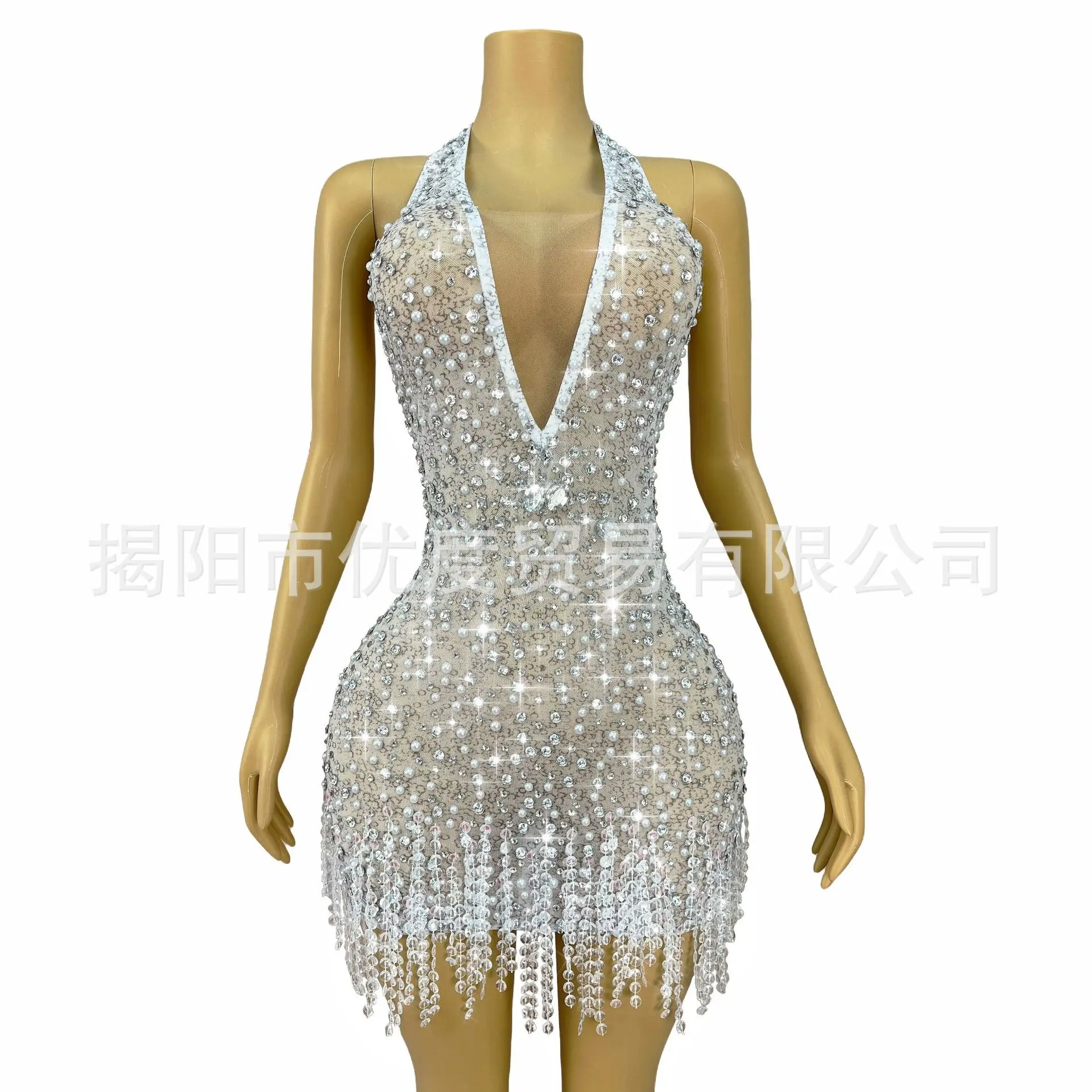 

Сексуальное платье с бретелькой на шее и стразами, цепочка из бисера, вечернее платье для ночного шоу, короткая юбка, платья со стразами в форме пончика, Vestidos Para Festas Luxuosas