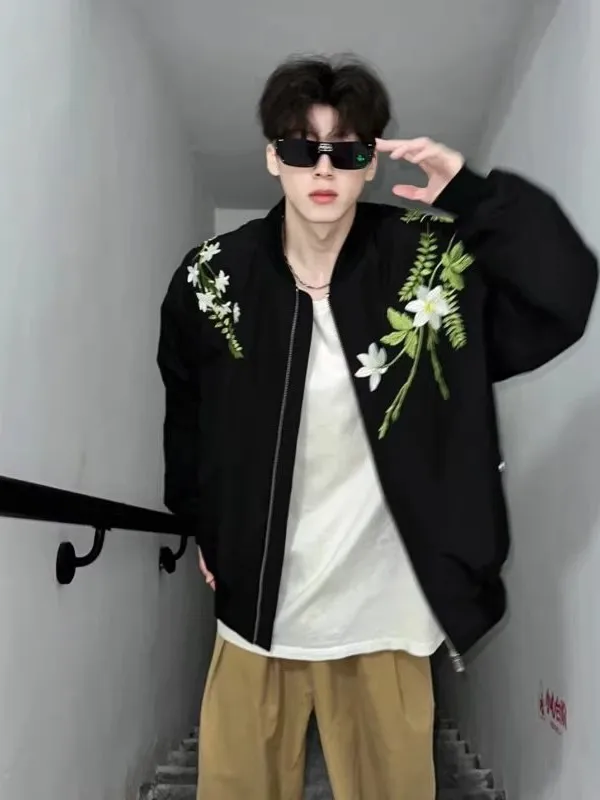 

Large Size Men's Casual Baseball Jaet Embroidered Loose Fit Spring Autumn American Sle Faion Brand Pilot Coat