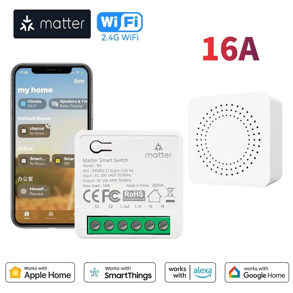 

Matter WiFi Smart Switch 16A Mini Smart Light Switch Home Automation Relay Module Voice Control Works with Alexa Google Homekit