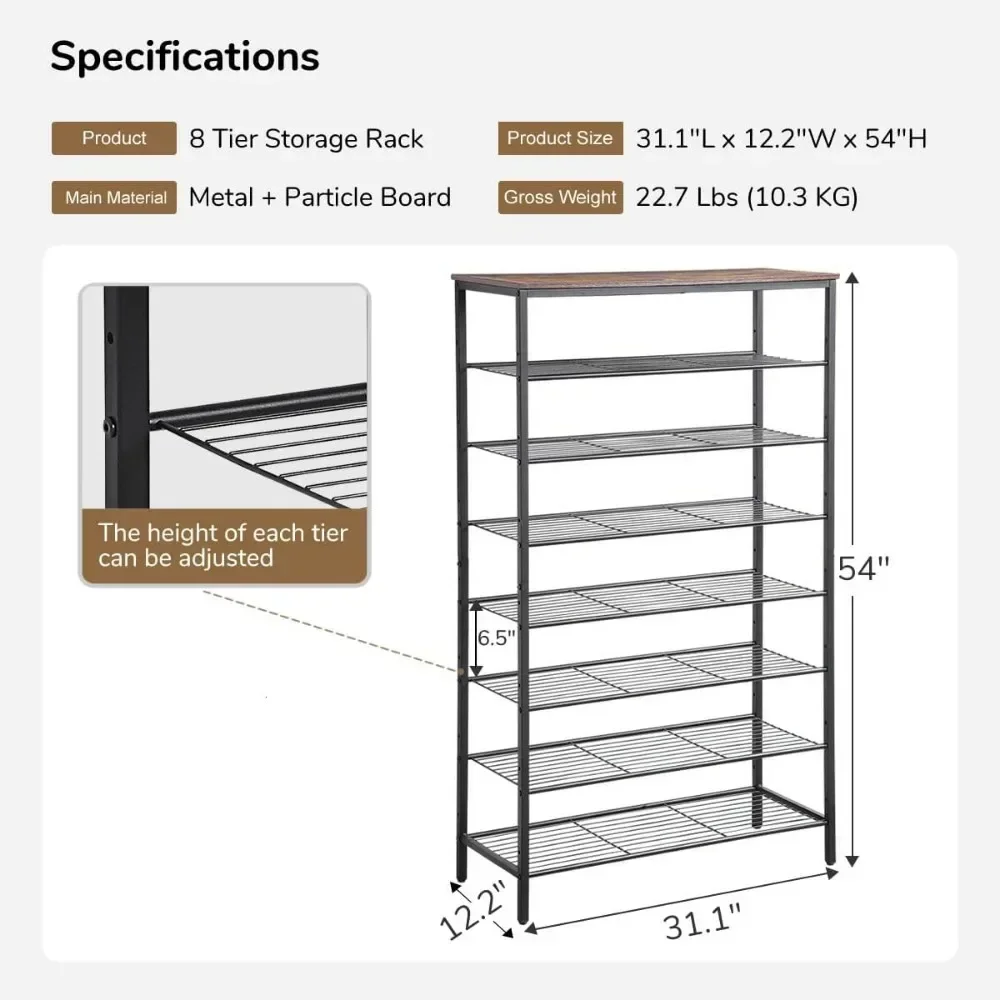 8-Tier Shoe Rack Organizer for Entryway Metal Mesh Shoe Storage Shelf Closet Dorm Room Shoemakers Hallway Shoes Organizers Mats