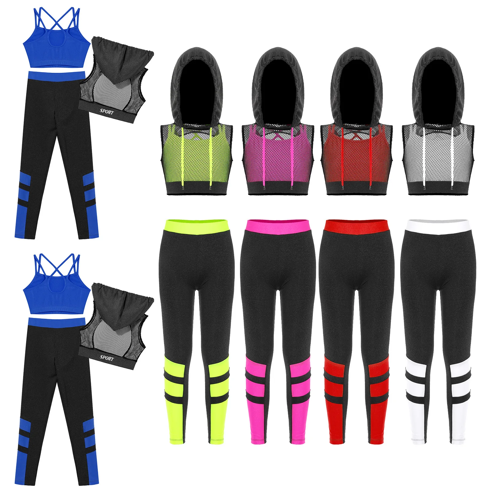 Kids Girls Sport Set 3 Piece Camisole Hooded Mesh Crop Top and Sports Leggings Jersey Suit Teens Hip Hop Street Dance Clothing