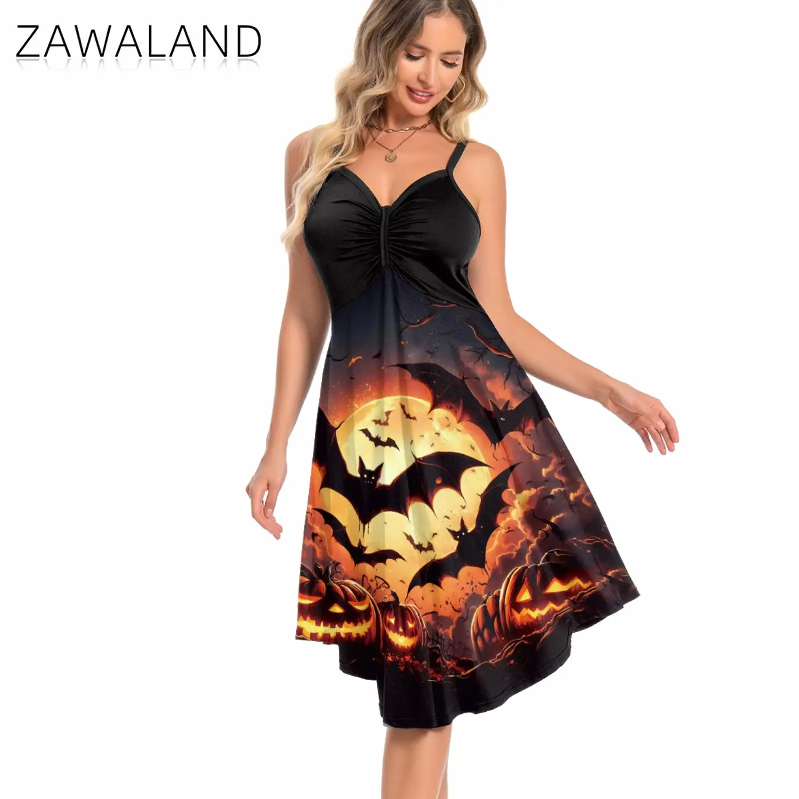 

Zawaland Halloween Women Holiday Party Sexy Slip Dress Horror Bat Printed Cosplay Costume Sleeveless Dress Girls Stage Clothing