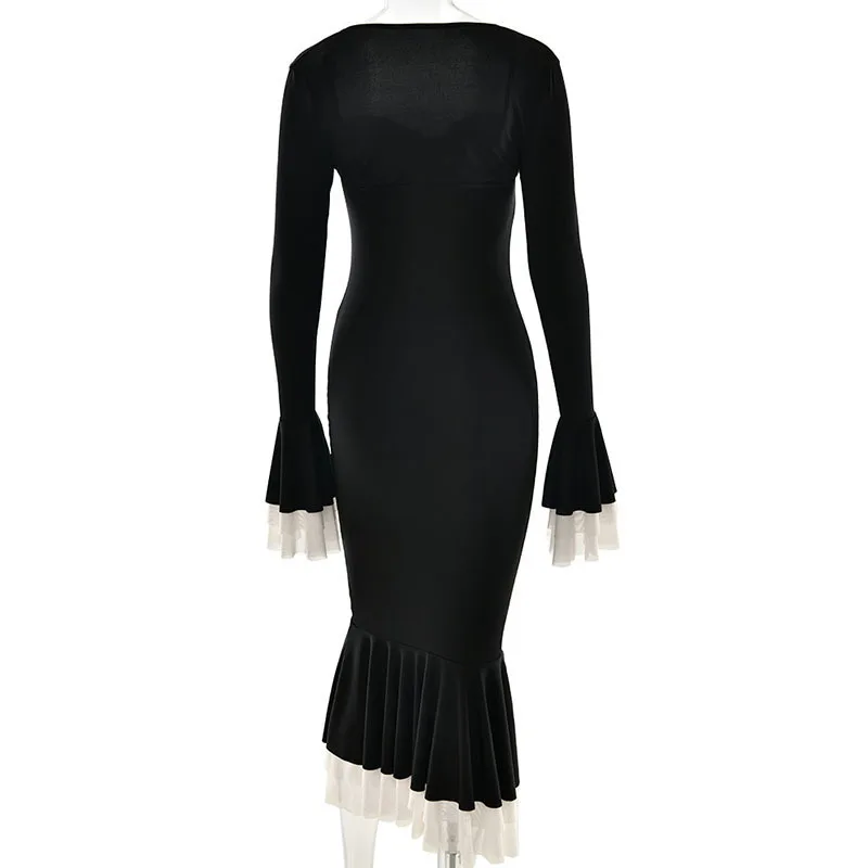 Apprabant Mesh Splicing Pleated Dress Flare Long Sleeved Short Shawl Sleeveless Suspender Strapless Slim And Sexy Fishtail Dress